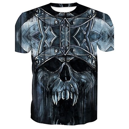 Men daily basic cotton T-shirt, skull print round neck, short sleeves