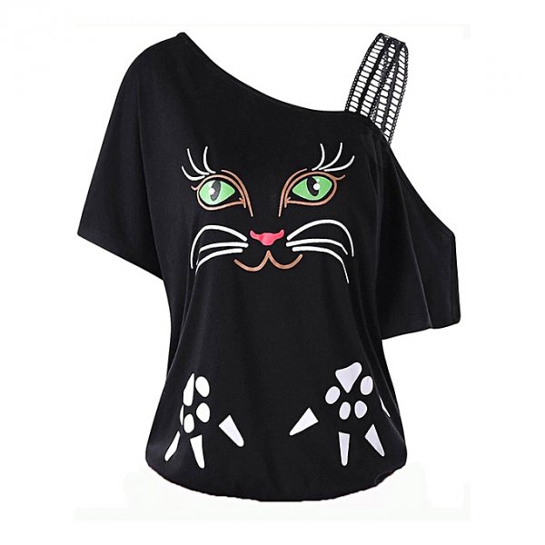 Short-sleeved T-shirt Women strap black cat printing T-shirts