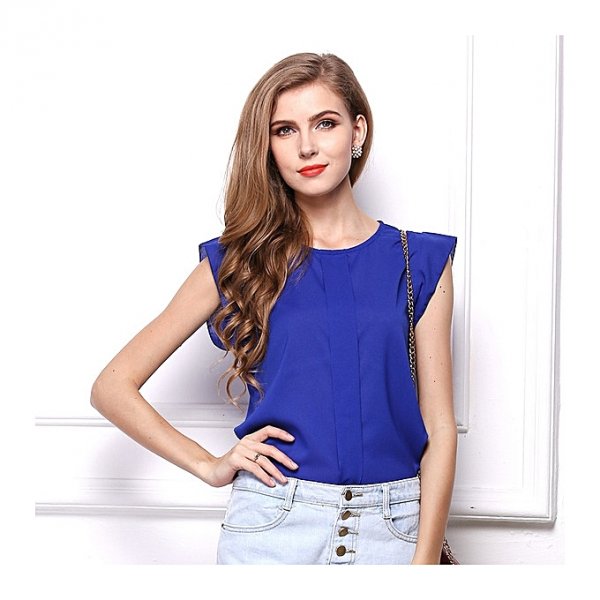 Women Chiffon T-shirt solid color short-sleeved shirt short-sleeved chiffon shirt, blue