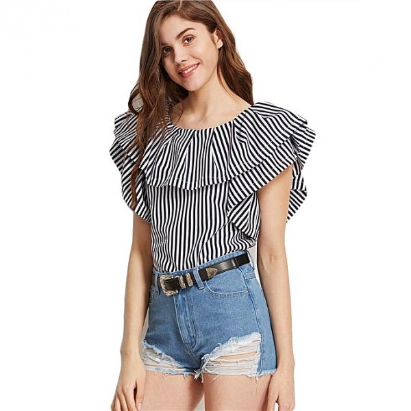 Fashion round neck striped shirt wild woman flounced