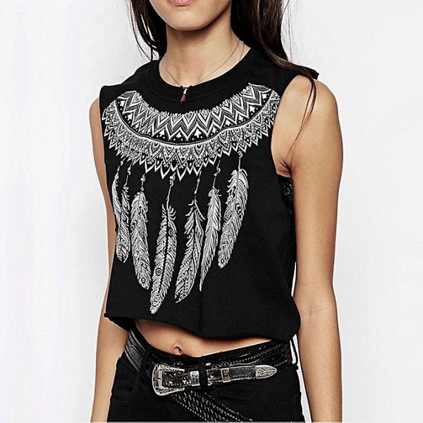 Women leather printed vest sleeveless blouse short vest T-shirt