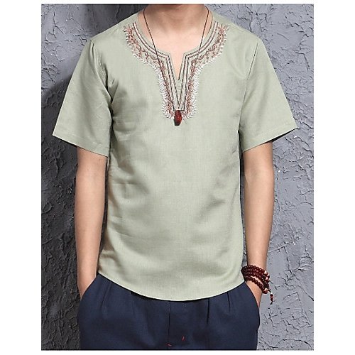 Men Daily Wear Linen T-Shirt, Solid Color V-Neck, Short Sleeve