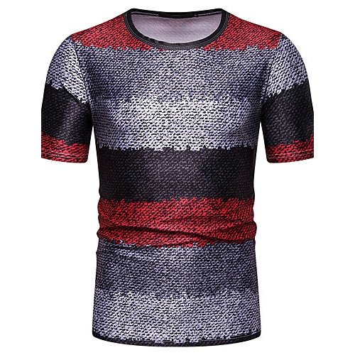 Men cotton T-shirt, stripes, color blocks, pattern patchwork, print round neck