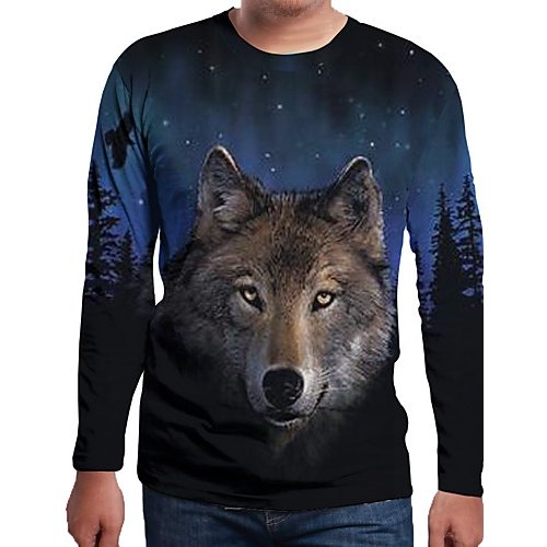 Men everyday wear holiday t-shirt, color block, 3D, animal print round neck, long sleeves