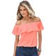 Women cotton T-shirt, solid color ruffles boat neck