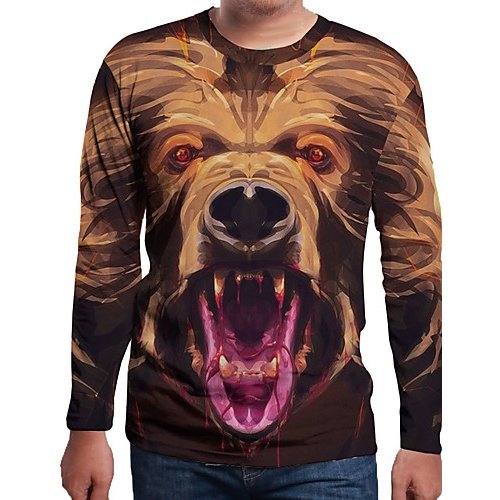 Men daily holiday, size T-shirt, solid color, 3D, animal print round neck, long sleeves