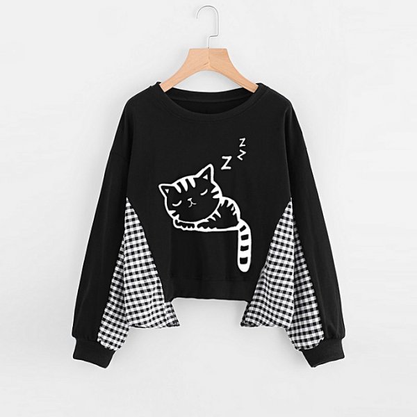 Women loose long-sleeved pet koala print check shirt black top shirt