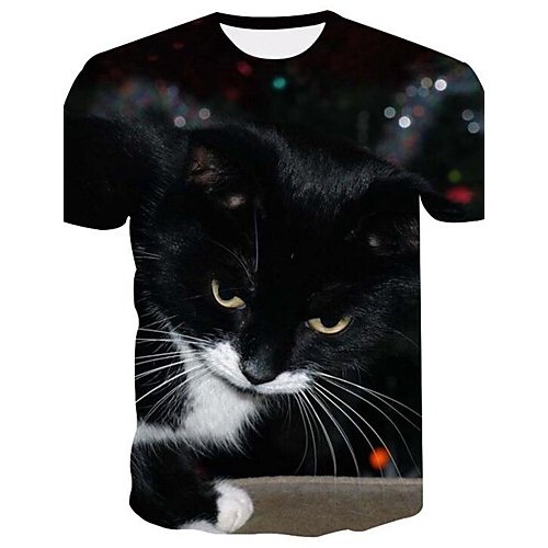 Men daily basic large size T-shirt, animal cat, print round neck, short sleeve