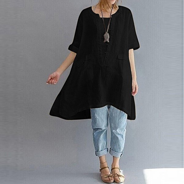 Women plus size irregular fashion loose linen short-sleeved shirt retro shirt