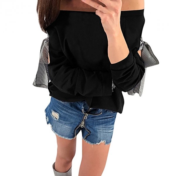 Women Long Sleeve Off Shoulder Bow Plaid Jacket Sweater Top Shirt