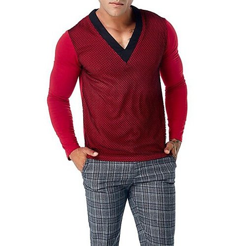 Men cotton Slim T-shirt, solid color V-neck, long-sleeved