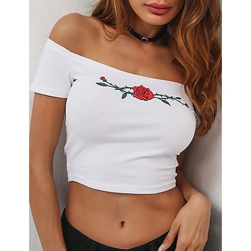 Women slim T-shirt, flowers shoulder