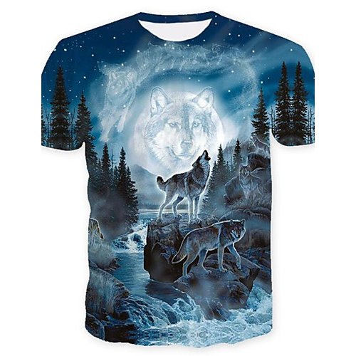 Men daily fashion large size T-shirt, animal wolf, print round neck, short sleeve