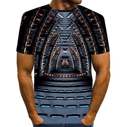 Men fashion, exaggerated T-shirt, color matching, 3D, patterned print crew neck, short sleeves