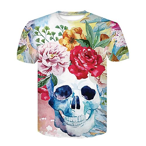 Men daily basic, chic T-shirt, flowers, color blocks, skull print round neck, short sleeves