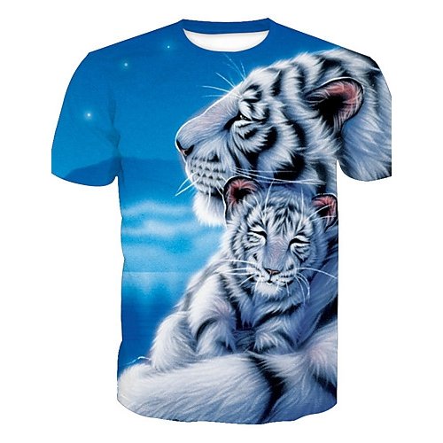 Men Daily Holiday T-shirt, animal tiger, printed crew neck, short sleeves