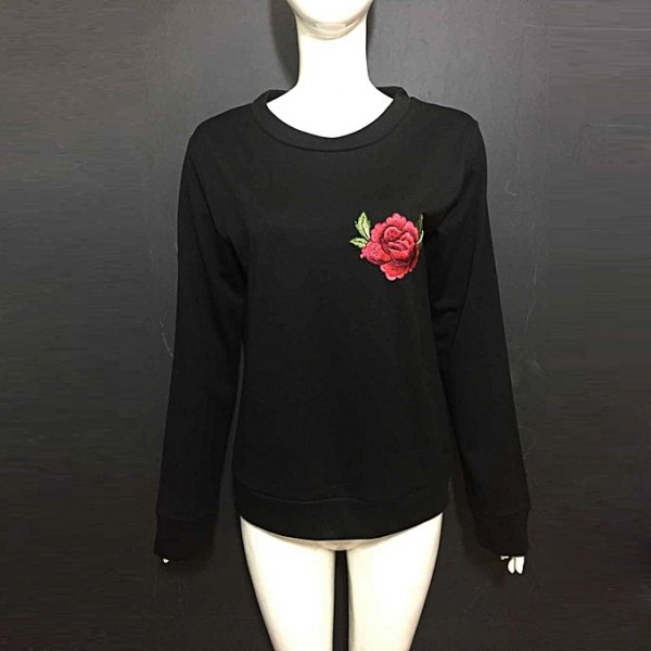 Women round neck embroidered long-sleeved shirt shirt T-shirt casual T-shirt