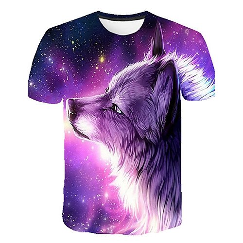 Men Daily Basic, Chic T-Shirt, Galaxy, 3D, Animal Wolf, Printed Round Collar, Short Sleeve