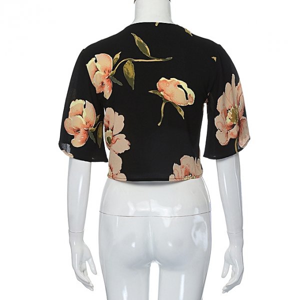 Female V-neck Floral Print Butterfly Sleeve Torch Short Top Shirt