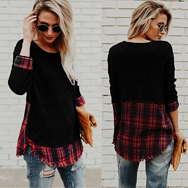 Women Plaid Patchwork Collar Long Sleeve Top Irregular Top