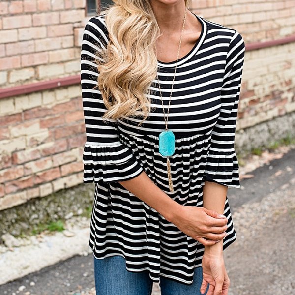 Women Fashion Striped Top Loose Long Sleeve Shirt Top