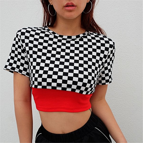 Sexy Women Short Sleeve Plaid Collar Top