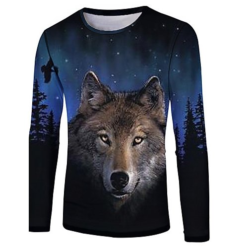 Men casual, daily basic, fashion T-shirt, color block, 3D, animal print round neck, long sleeves