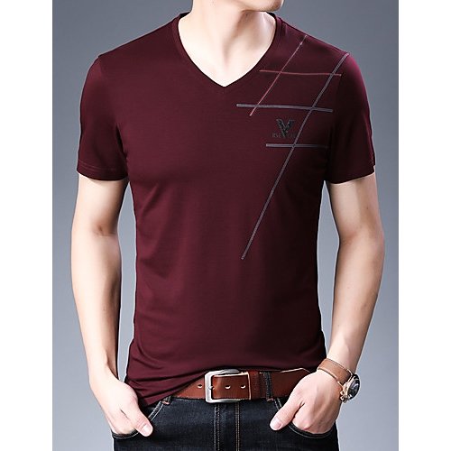 Men cotton T-shirt, solid color print V-neck