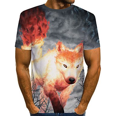 Men fashion, T-shirt, color block, 3D, animal print round neck, short sleeves