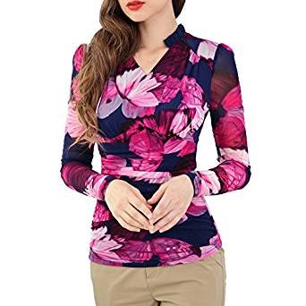 Women Network printing V-neck long-sleeved shirt T-shirt purplish blue flowers