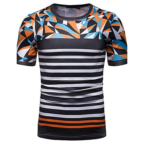 Men cotton T-shirt, stripes, color blocks, graphic patchwork, print round neck