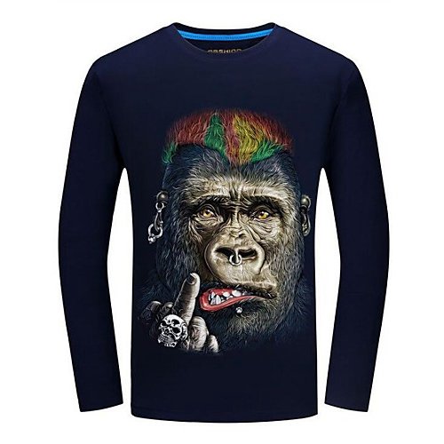 Men daily fashion large size T-shirt, animal print round neck, long sleeves,