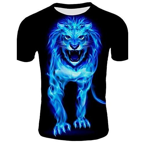 Men Beach Weekend Cotton Slim T-Shirt, Animal Lion, Printed Round Collar, Short Sleeve