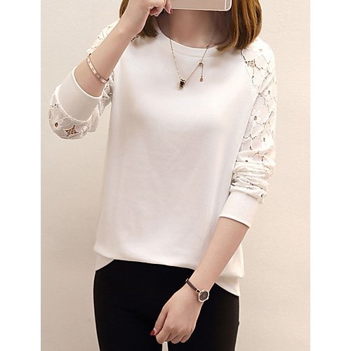 Women go out cotton T-shirt, solid color lace