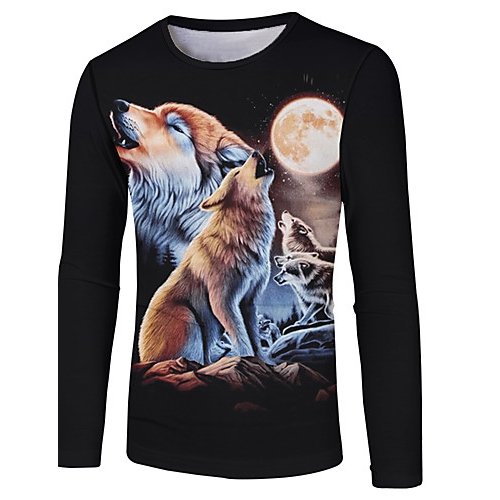 Men casual, daily basic, fashion T-shirt, color block, 3D, animal print round neck, long sleeves