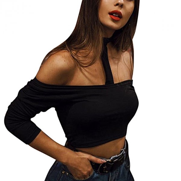 Fashion women short casual shirt off-shoulder long-sleeved shirt sexy T-shirt