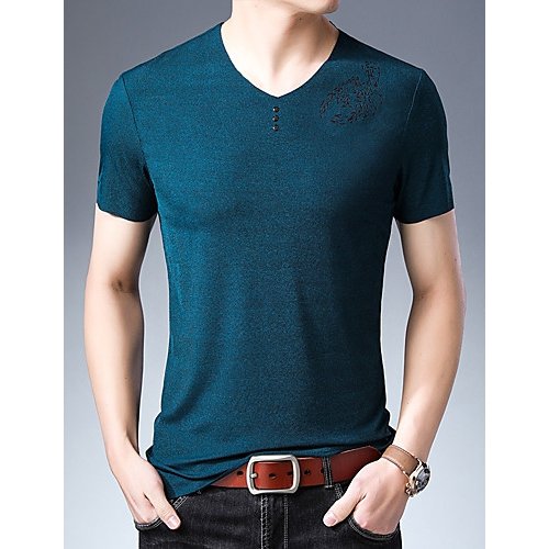 Men T-Shirt, Solid Color Print V-Neck