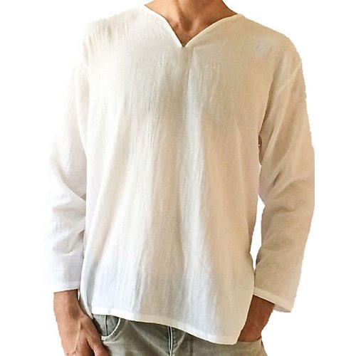 Men linen T-shirt, solid color V-neck, long-sleeved