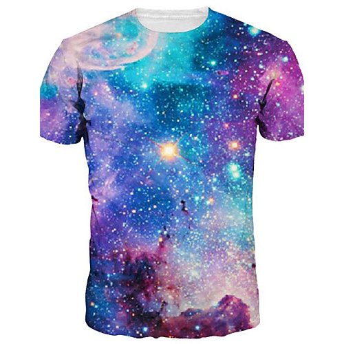 Men daily outing basic, exaggerated T-shirt, Galaxy, 3D printed round neck, short sleeves