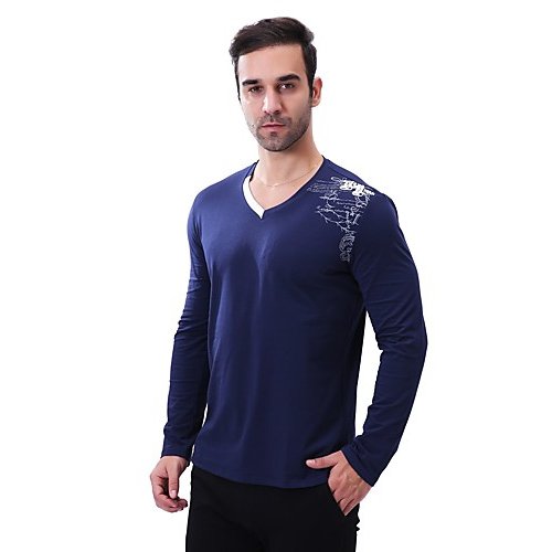 Men cotton T-shirt print patchwork V-neck