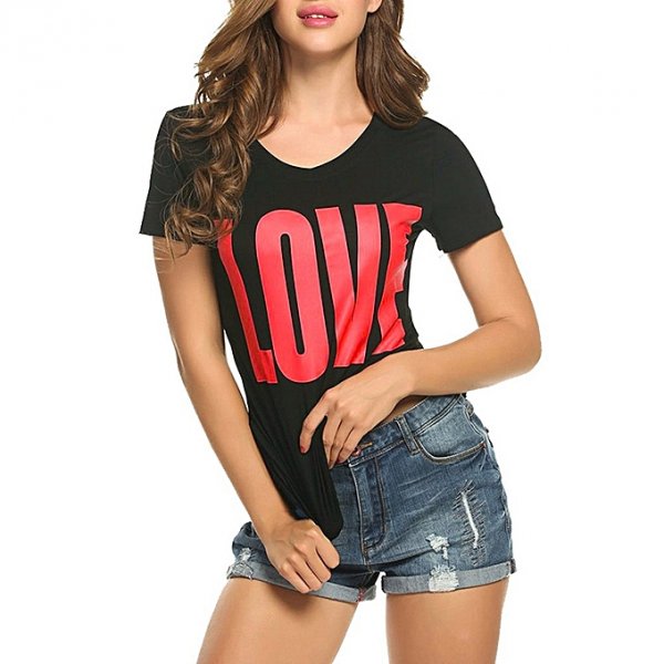 Fashion Women Short Sleeve T-Shirt Love Casual Print Top Shirt T-Shirt Apparel