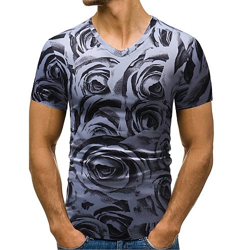 Men Casual Basic T-Shirt, Floral Print V-neck, Short Sleeve