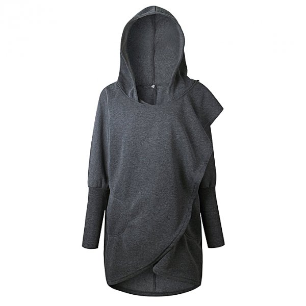 Female long-sleeved sweater long irregular personality loose dark gray hooded jacket