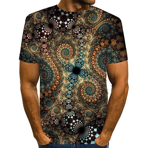 Men chic, exaggerated T-shirt, color matching, 3D, patterned print crew neck, short sleeves