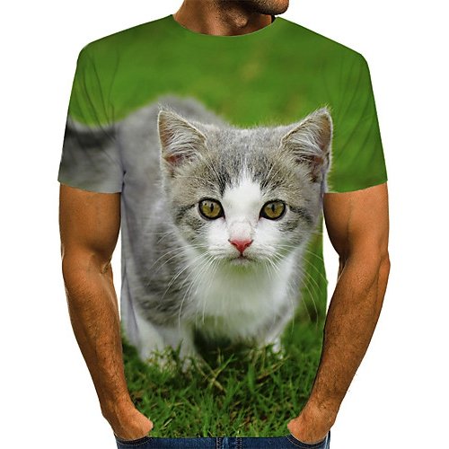 Men fashion, T-shirt, color block, 3D, animal print round neck, short sleeves