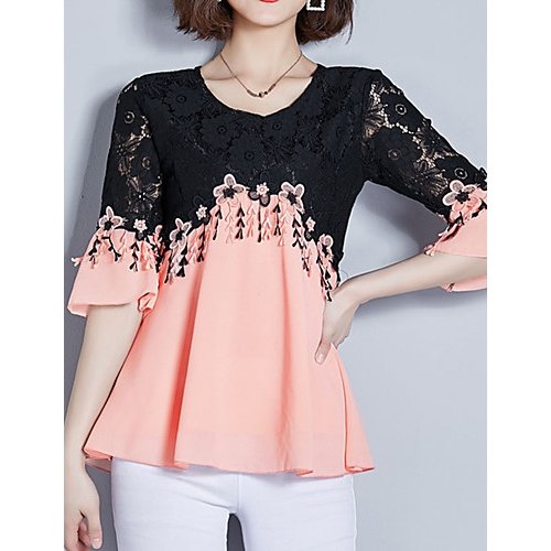 Women Holiday Street chic bohemian blouse, color blocks, lace