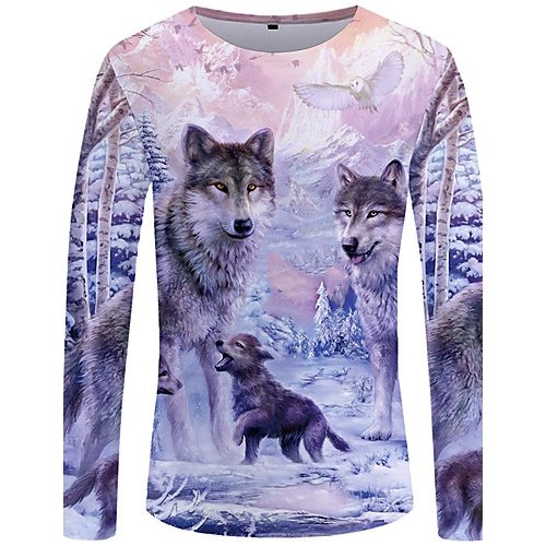 Men daily, fashion large size slim t-shirt, color block, animal wolf, printed round neck lavender, long sleeves