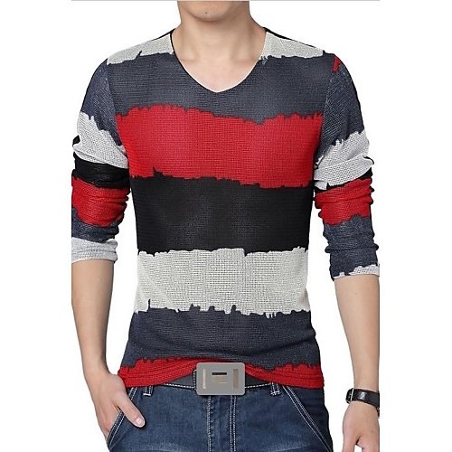 Male sports large size T-shirt, color print V-neck, long-sleeved