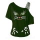 Short-sleeved T-shirt printing women single shoulder strap cat green T-shirt