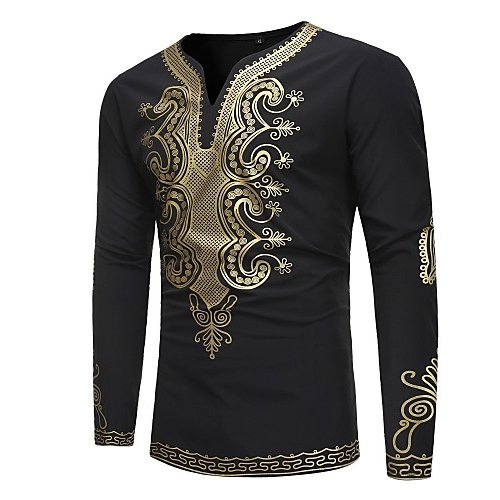 Men cultivating basic T-shirt, tribal print V-neck, long-sleeved